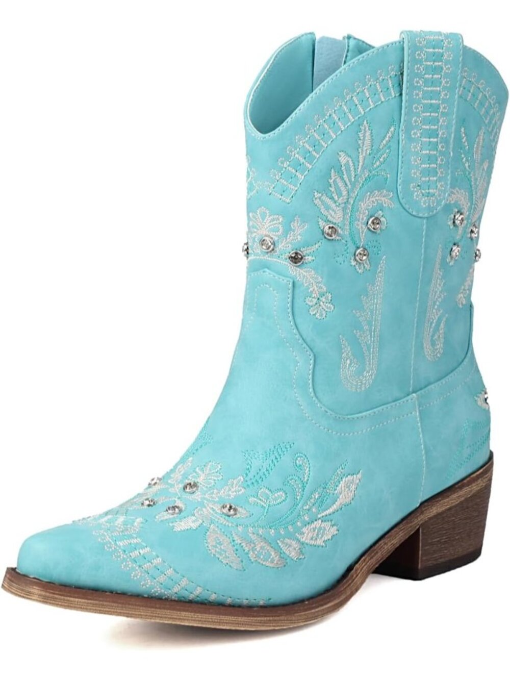 Women's Cyan Sparkly Rhinestone Fringe Tassels Western Ankle Short Heeled Boots